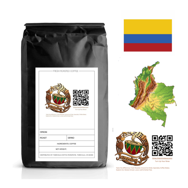 Coffee bag with label, map of Colombia, and Colombian flag on a white background