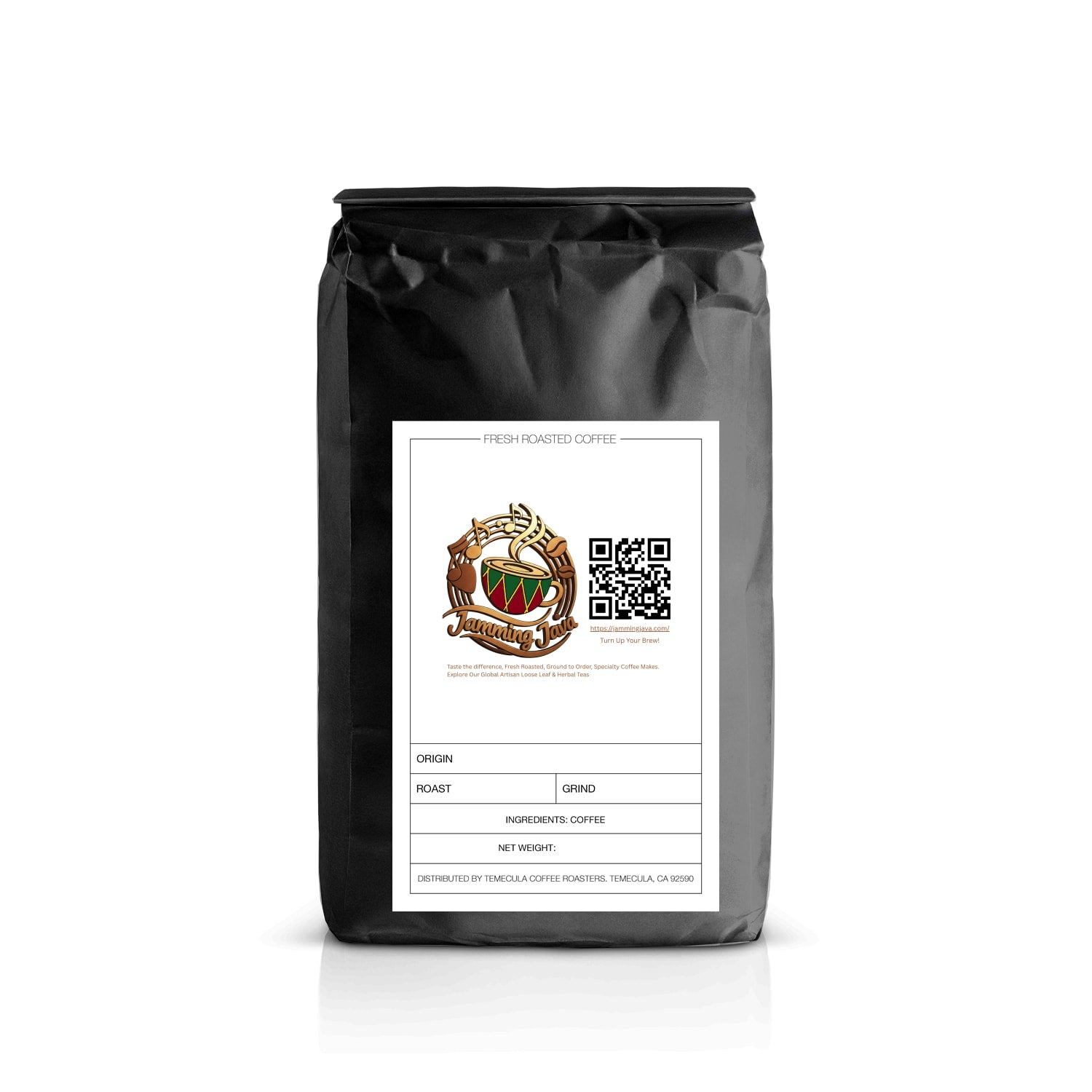 Jamming Java  Kraft paper coffee bag with a label for sample pack coffee on a black background